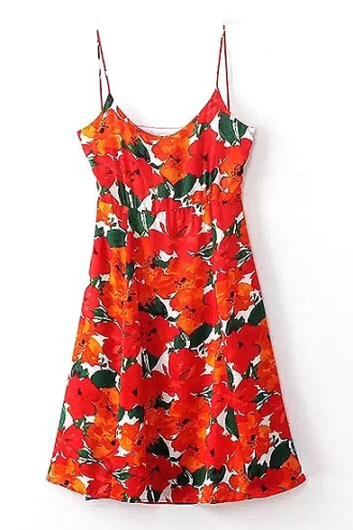 Red Floral Print Strap Pleated Fitted Tank Dress