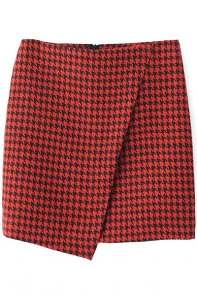 Red Houndstooth Mini Skirt with Asymmetrical Hem