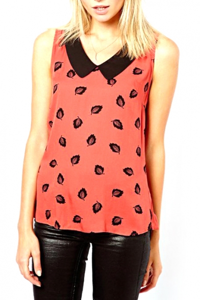 Red Sleeveless Leaf Print Buttons Back Chiffon Blouse
