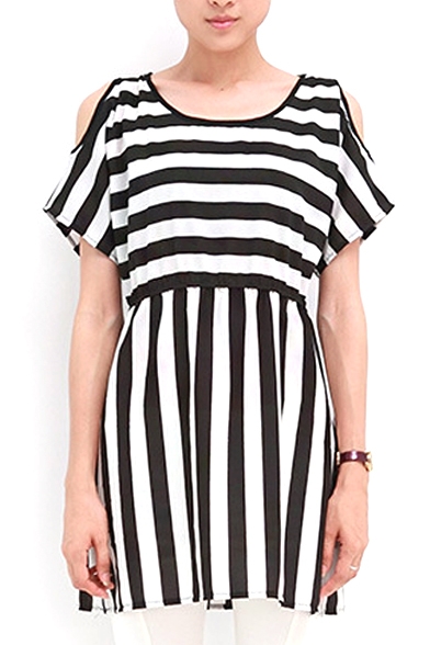 White/Black Stripe Print Open Shoulder Short Sleeve Gathered Waist Dress