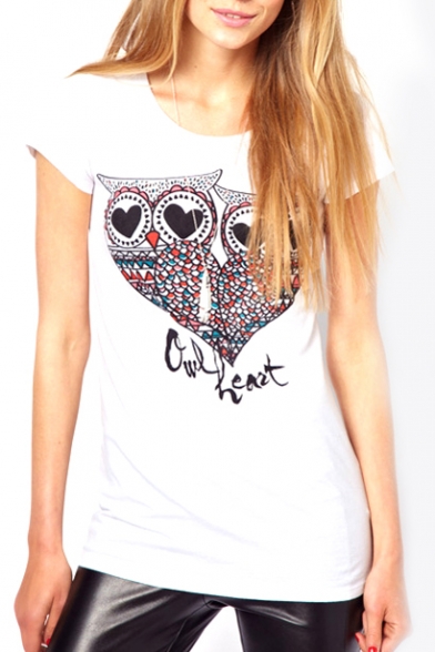 White Colorful Owl Print Short Sleeve T-Shirt