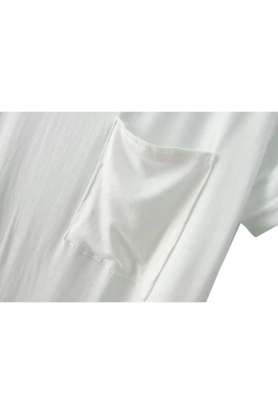 White Plain Pocket Short Sleeve High Low Hem T-Shirt