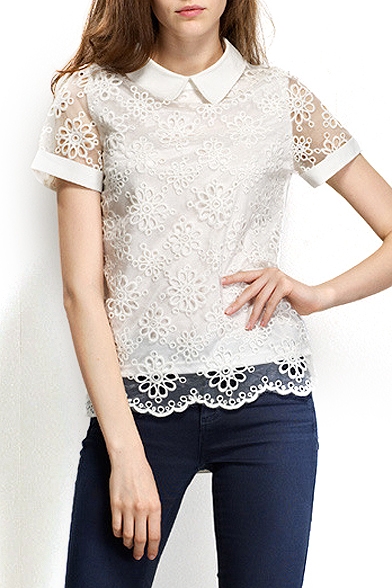 White Short Sleeve Lace Floral Crochet Chiffon Blouse