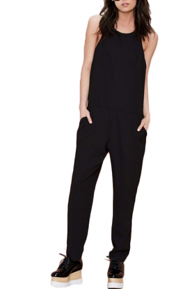 Black Halter Open Back Sleeveless Fitted Jumpsuits
