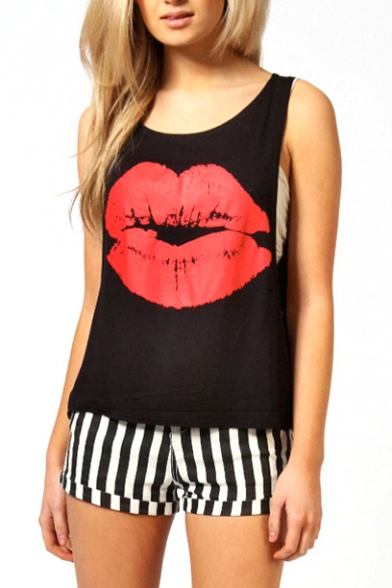 Black Round Neck Red Lip Print Fitted T-Shirt