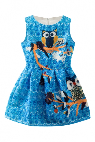 Blue Sleeveless Vintage Owl Embroidered A-line Dress