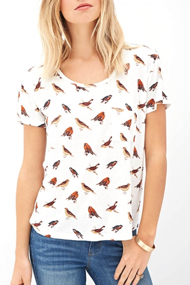 Cute Bird Print Pocket Short Sleeve T-Shirt
