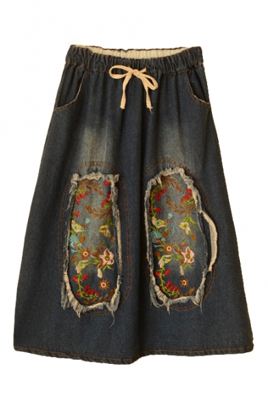 Floral Embroidered Elastic Drawstring Waist Pockets Midi Skirt