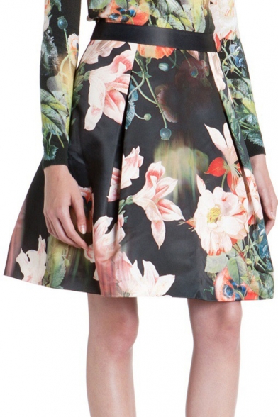 Floral Print Ruffle Hem Zipper Back Skirt
