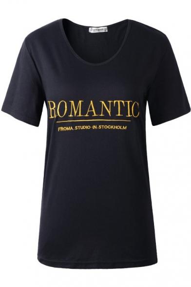 Gold Romantic Embroidered Black Short Sleeve T-Shirt
