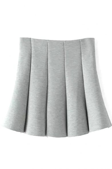 Gray Plain Cotton Pleated A-Line Mini Skirt
