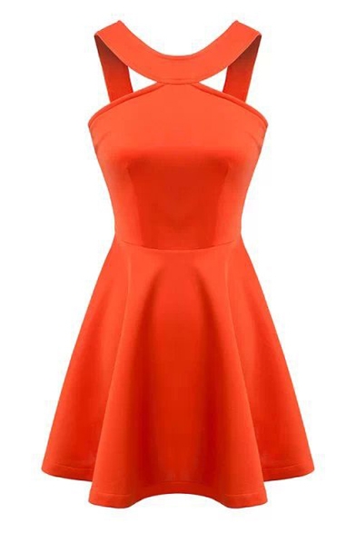 Orange Round Neck Sleeveless Cutout Style Sexy A-line Dress
