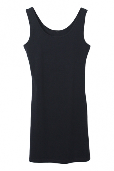 Plain Fitted Elastic Bodycon Dress with Round Neck