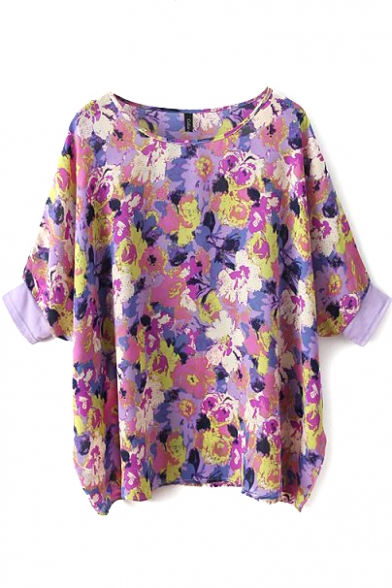 Purple Short Sleeve Floral Print Blouse