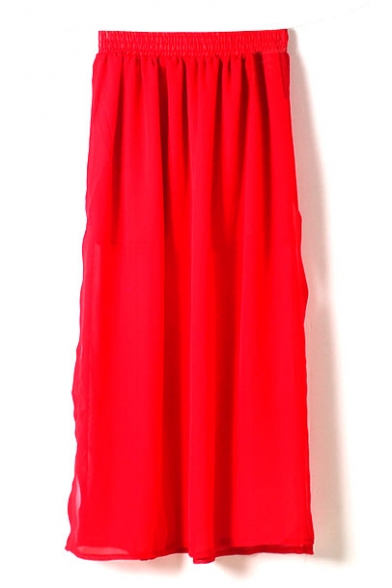 Red Elastic Waist Split Hem Chiffon Skirt