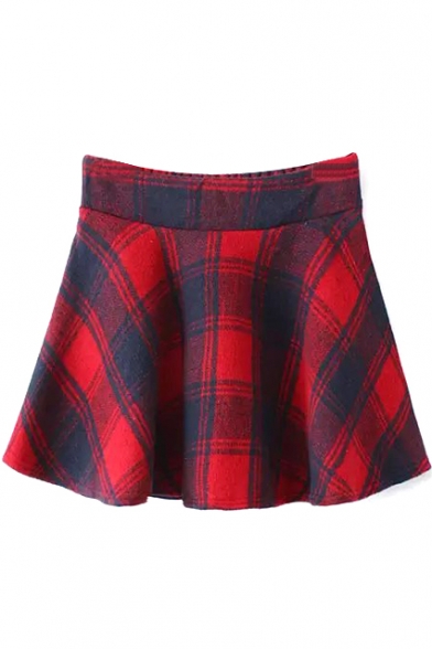 Red Plaid Woolen Pleated Full Skirt