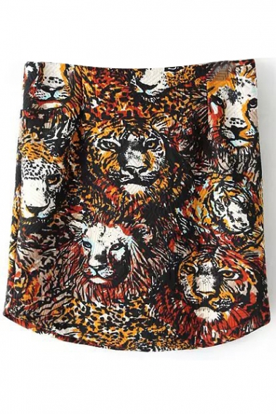 Tiger Head Print Fitted Zip Back Mini Skirt