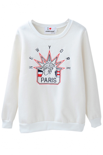 White Paris Embroidered Long Sleeve Velvet Sweatshirt