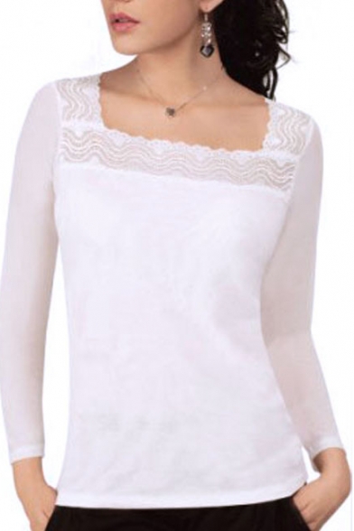 White Square Neck Long Sleeve Lace Inserted Top