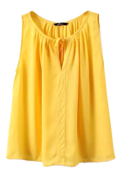Yellow Bow Detail Pleated Round Neck Blouse