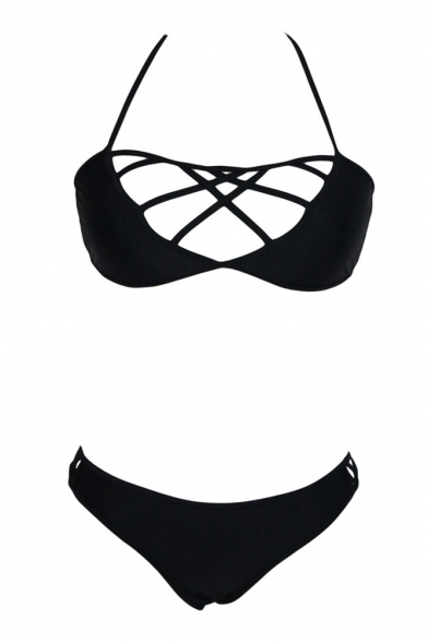 Black Plain Cutout Halter Bikini Set