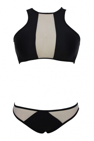 Black Sheer Net Insert Round Neck Hipster Bikini Set - Beautifulhalo.com