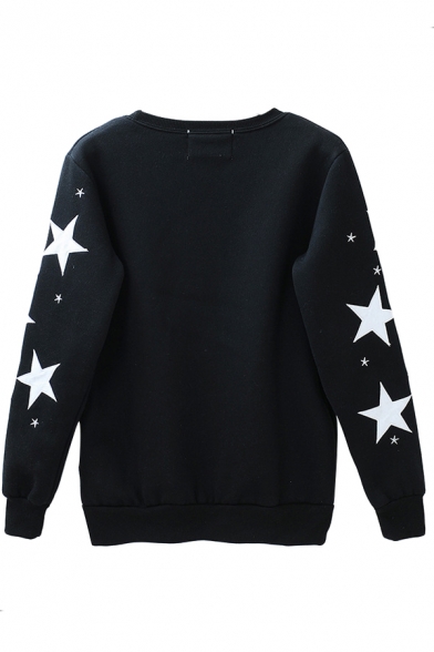 Black Star Print Round Neck Sweatshirt with Velvet Inside ...