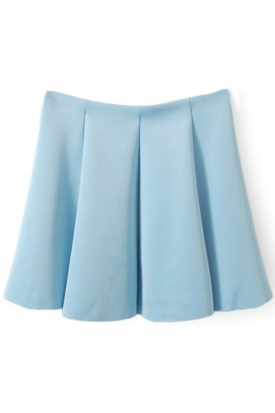 Blue Plain Zippered Ruffle Hem Pleated Skirt