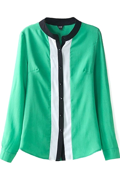 Color Block Stand Collar Long Sleeve Blouse