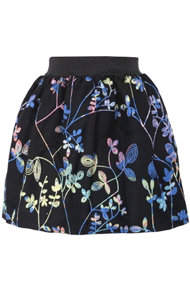 Colorful Floral Print Wool Mini Skirt with Elastic Waist