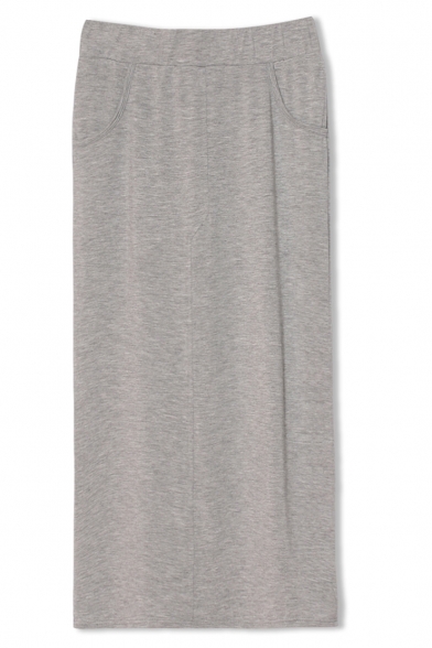 Double Pockets Front Gray Elastic Cotton Longline Skirt