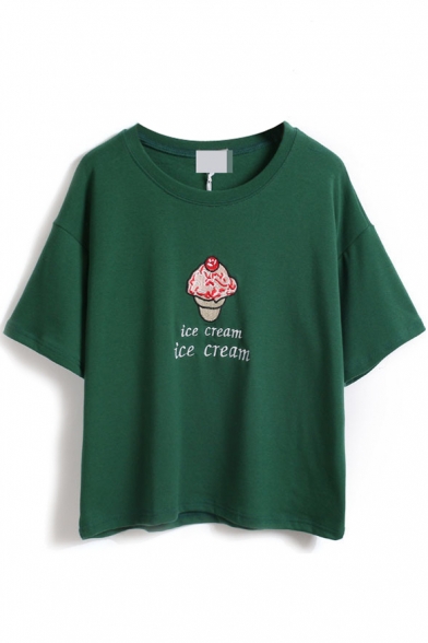 Embroidered Letter Ice Cream Round Neck Tee