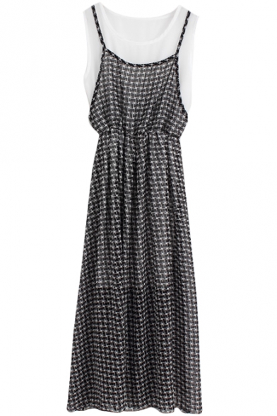 Fake Two-piece Style Longline Chiffon Checker Dress