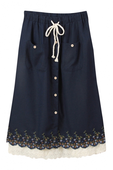 Floral Pattern Lace Hem Elastic Waist Single Breast Pockets Skirt