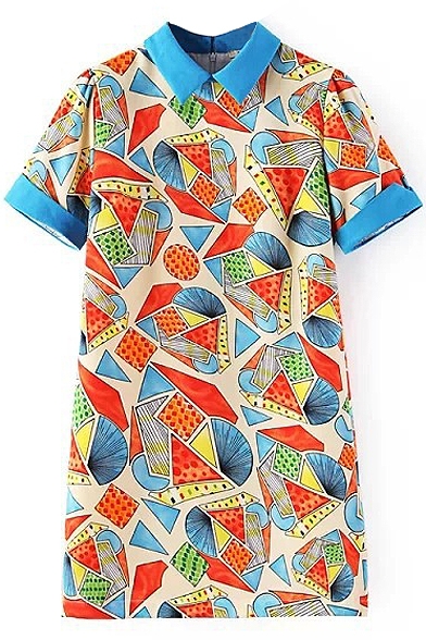 Geometric Print Lapel Short Sleeve Shift Dress