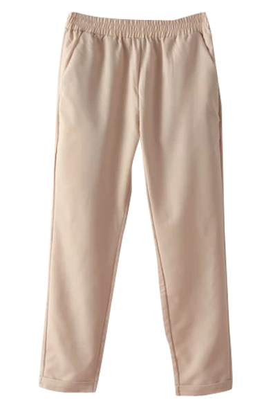 Khaki Plain Elastic Waist Casual Pants