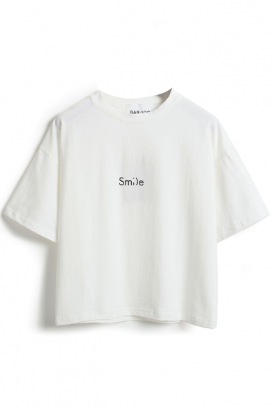 Letter Smile Print Round Neck Tee - Beautifulhalo.com