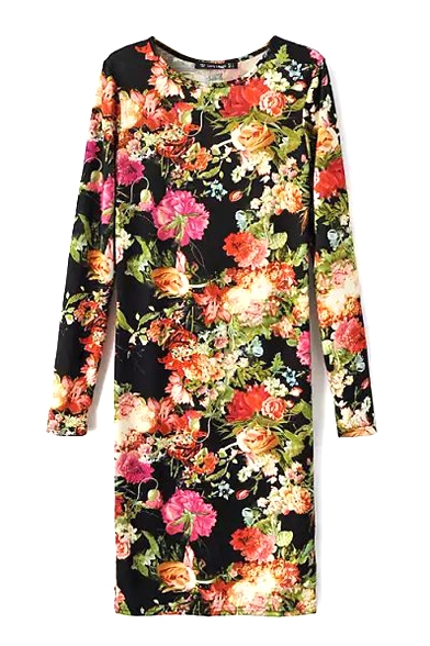 Long Sleeve Vintage Flower Print Cotton Black Background Dress
