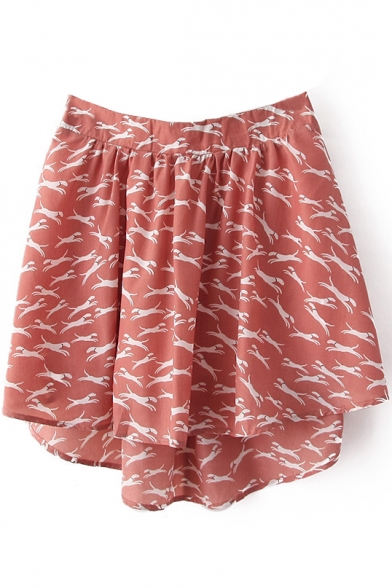 Pink Dog Print Elastic Waist Chiffon Skirt