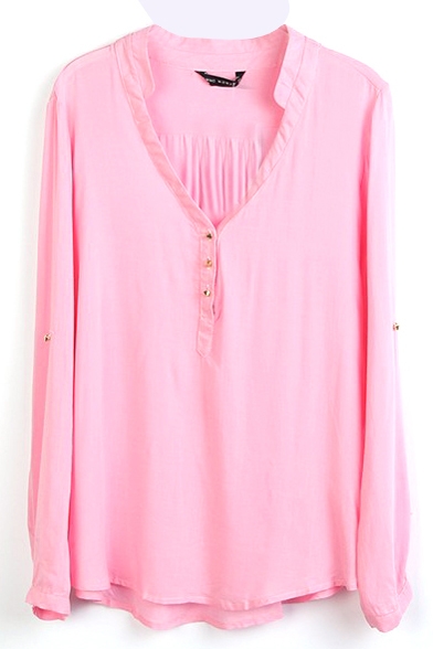 Pink V-Neck Long Sleeve Button Top