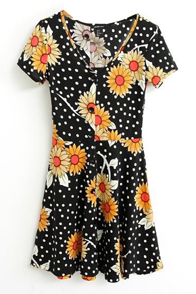 Polka Dot Chrysanthemum Print Short Sleeve V-Neck Ruffle Hem Dress