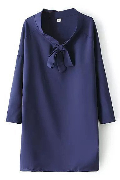 Purple Bow Print Drop Long Sleeve Shift Chiffon Dress