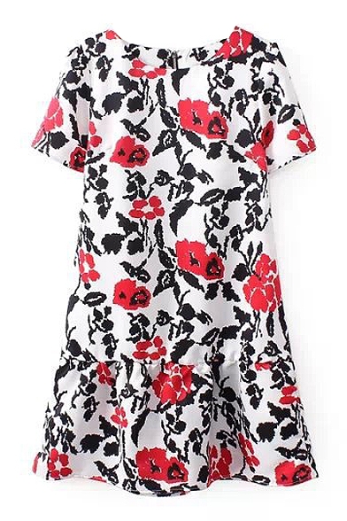 Red Floral Print Short Sleeve Ruffle Hem Dress with Zipper