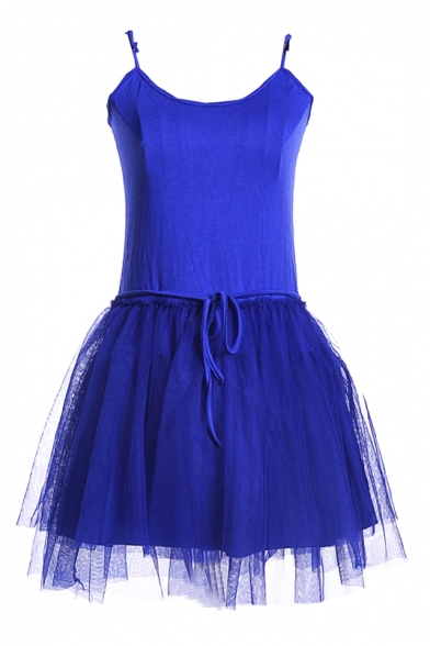 Royal Blue Modal&Mesh Panel Mini A-line Slip Dress