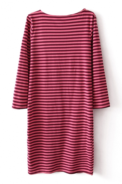 Striped 3/4 Sleeve Scoop Neck Fitted Dress