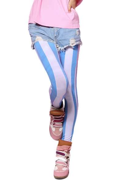 Summer Striped Elastic Low Rise Fitted Leggings