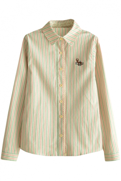 Vintage Striped Embroidered Deer Long Sleeve Shirt