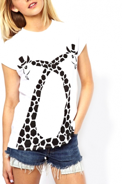 White Short Sleeve Double Giraffe Print T-Shirt