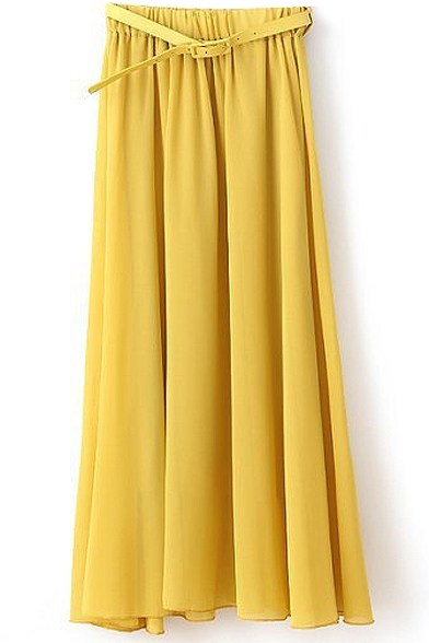 Yellow Plain Chiffon Belted Maxi Skirt