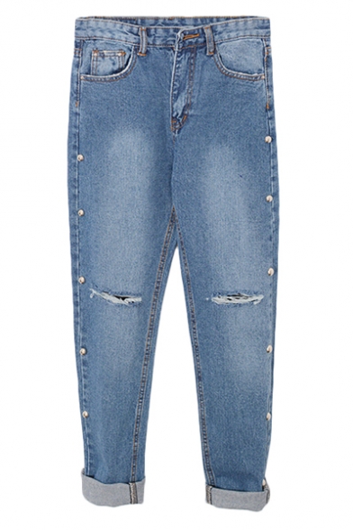 Beaded High Waist Loose Jeans with Open Knee